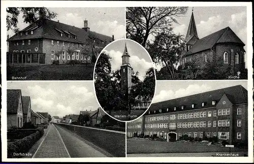 Ak Sande in Friesland, Bahnhof, Kirche, Marienturm, Dorfstraße, Krankenhaus