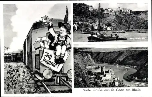 Ak Sankt Goar am Rhein, Burg Katz, Loreley, Burg Rheinfels, Dampfzug, Fotocollage Junge mit Geschenk