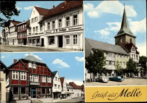 Ak Melle in Niedersachsen, Straßenpartie, Geschäfte, Kirchturm, Apotheke