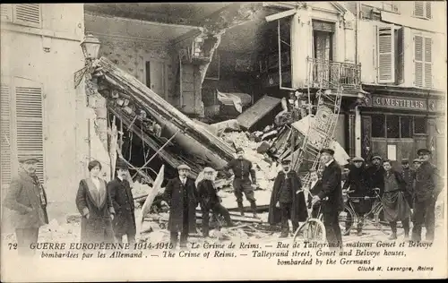 Ak Reims Marne, Rue de Tallyerand, maisons Gonet et Belvoye bombardées, Kriegszerstörungen, I. WK