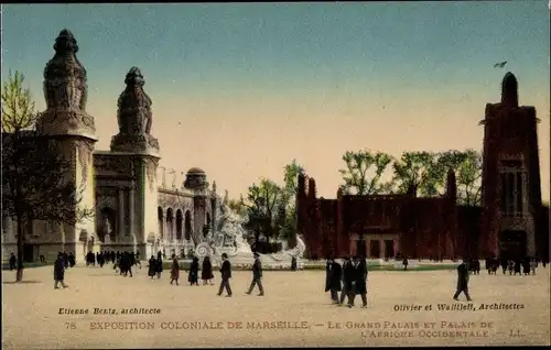 Ak Marseille Bouches du Rhône, Exposition Coloniale, Le Grand Palais, Palais de l'Afrique Occ.