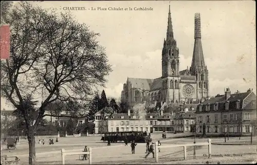 Ak Chartres Eure et Loir, la Place Châtelet et la Cathédrale