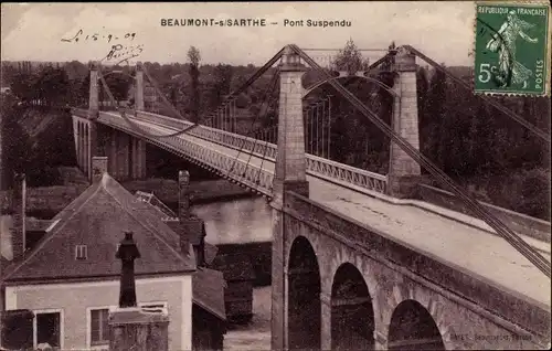Ak Beaumont Sarthe, Pont Suspendu