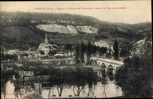 Ak Vernon Eure, Église et Collines de Vernonnet, vues de la Tour des Archives