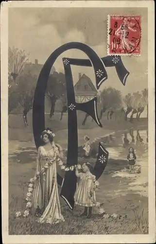 Buchstaben Ak C F, Frau und Kinder, Blumenranken