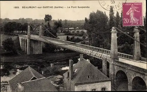 Ak Beaumont sur Sarthe, Le Pont Suspendu