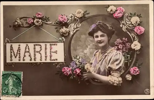 Buchstaben Ak Marie, Frau, Portrait, Blumen