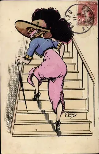 Künstler Ak Lafon, F., Frau steigt Treppen, Gehstock, Federhut
