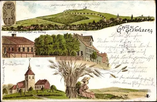 Litho Groß Vahlberg Vahlberg Niedersachsen, Kirche, Pfarrhaus, Gastwirtschaft, Ährenbündel