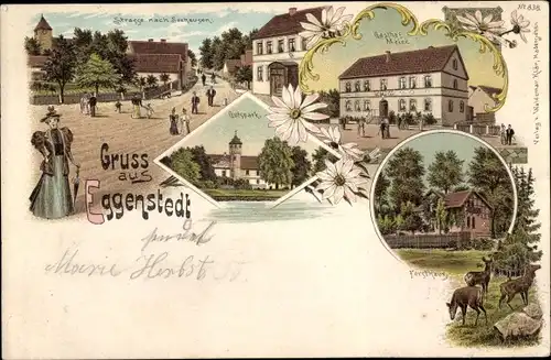 Litho Eggenstedt Wanzleben Börde, Gasthof Meier, Gutspark, Forsthaus, Straße nach Seehausen