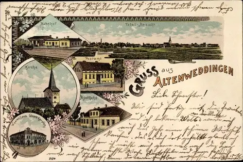 Litho Altenweddingen in Sachsen Anhalt, Apotheke, Bahnhof, Gleisseite, Kirche, Postamt, Warenhaus