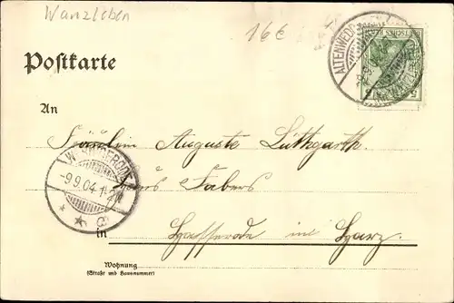 Litho Altenweddingen in Sachsen Anhalt, Apotheke, Bahnhof, Gleisseite, Kirche, Postamt, Warenhaus