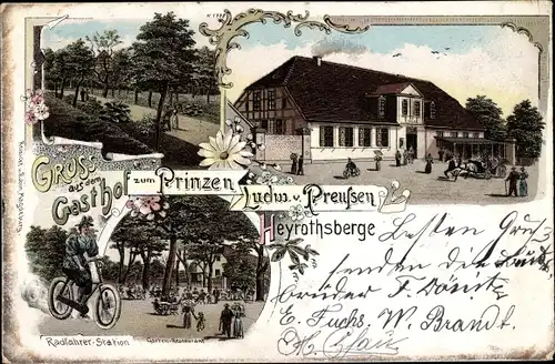 Litho Heyrothsberge Biederitz in Sachsen Anhalt, Gasthof zum Prinzen Ludwig von Preußen, Radfahrer