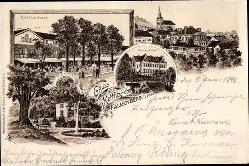 Litho Falkenberg in der Mark, Kettlitz Hotel, Blick auf den Ort