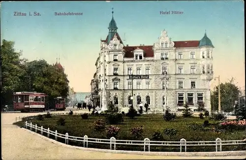 Ak Zittau in Sachsen, Hotel Hütter, Bahnhofstraße, Straßenbahn