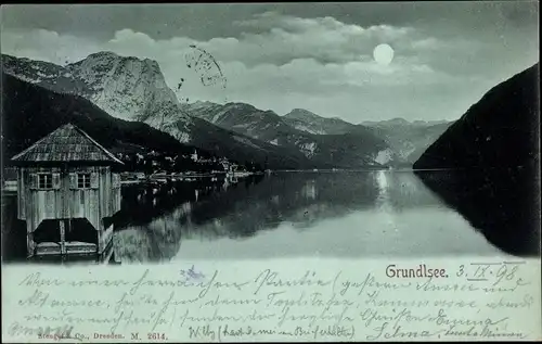 Mondschein Ak Grundlsee Steiermark, Flusspartie, Hütte, Berge