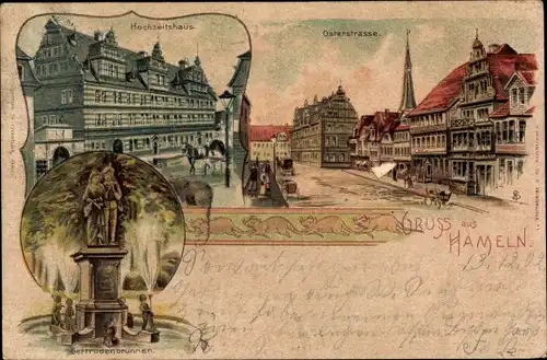 Litho Hameln an der Weser Niedersachsen, Hochzeitshaus, Gertrudenbrunnen, Osterstrasse
