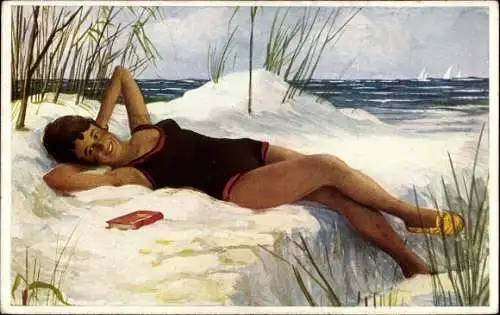 Künstler Ak Busch, Ernst, Wasserratten, Siesta, Frau in Badekleid