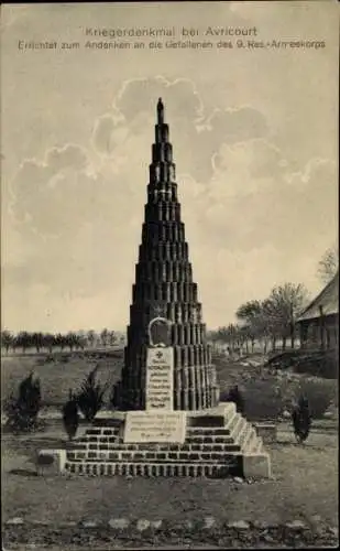 Ak Avricourt Meurthe et Moselle, Kriegerdenkmal zum Andenken für die Gefallenen des 9. Res.-Corps