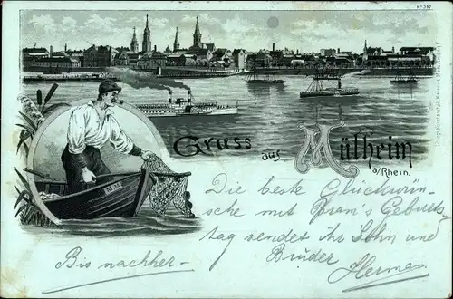 Mondschein Litho Mülheim Köln am Rhein, Fischer, Stadtansicht