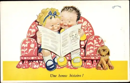 Künstler Ak Janser, Une bonne histoire, Kinder auf dem Sofa, Zeitung, Hund