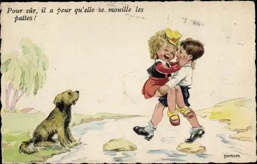 Künstler Ak Janser, Pour sur, il a peur qu'elle se mouille les pattes, Kinder, Hund