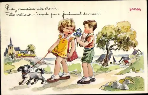 Künstler Ak Janser, Junge mit Blumen, Mädchen, Hund, Dorfidylle