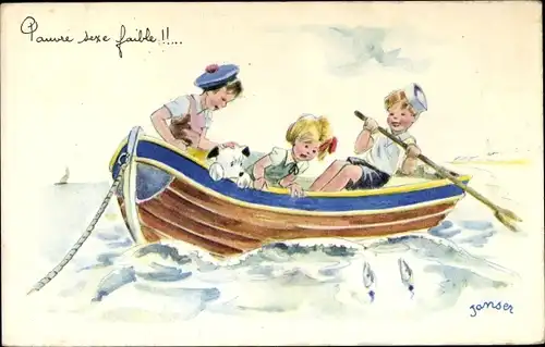Künstler Ak Janser, Sexe faible, Kinder im Ruderboot, Hund