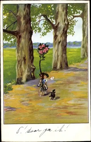 Ak Kind mit Rosenstock auf einem Fahrrad, Hund, Allee