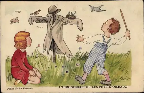 Künstler Ak Spahn, V., L'Hirondelle et les Petits Oiseaux, Fables de La Fontaine