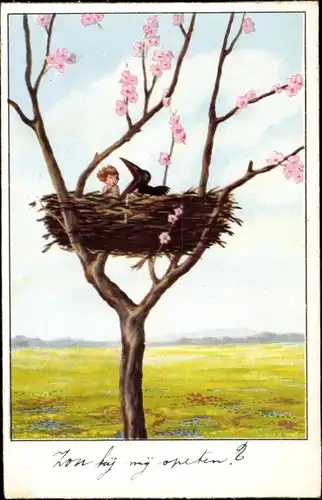 Ak Zou tuj mij opeten, Kind im Vogelnest, hungriger Vogel