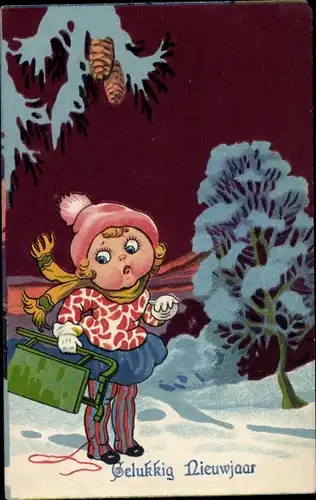 Ak Glückwunsch Neujahr, Gelukkig Nieuwjaar, Mädchen mit Schlitten