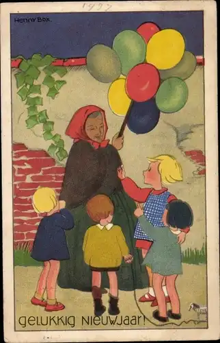 Künstler Ak Box, Henny, Glückwunsch Neujahr, Gelukkig Nieuwjaar, Kinder, Luftballons