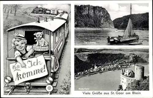 Ak Sankt Goar am Rhein, Burg Katz, Loreley, Burg Rheinfels, Dampfzug, Fotocollage Mädchen mit Hund