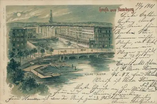 Mondschein Litho Hamburg Mitte Altstadt, Kleine Alster