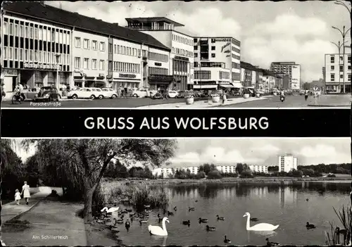 Ak Wolfsburg, Straßenpartie, Porschestraße, Schillerteich, Schwäne