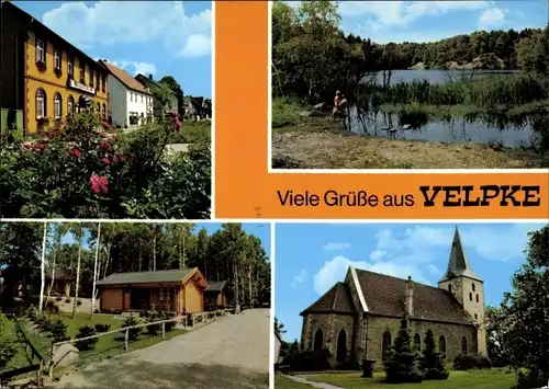 Ak Velpke in Niedersachsen, Teilansicht, Seepartie, Kirche