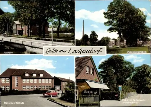 Ak Lachendorf in Niedersachsen, Rathaus, Feinpapierfabrik, Mittelpunktschule, Feinkost Grünewald