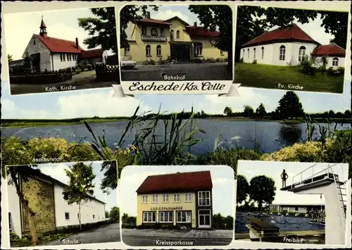 Ak Eschede in der Lüneburger Heide, Kirchen, Bahnhof, Schule, Freibad, Sparkasse