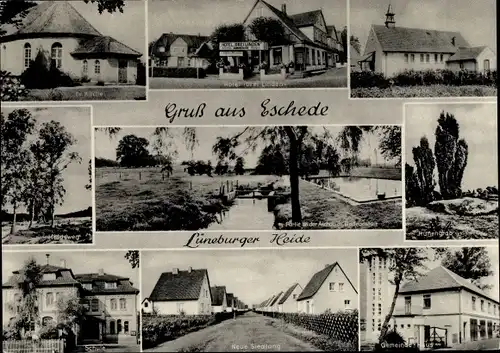 Ak Eschede in der Lüneburger Heide, Hotel Drei Linden, Hünengrab, Siedlung, Schule, Gemeindehaus