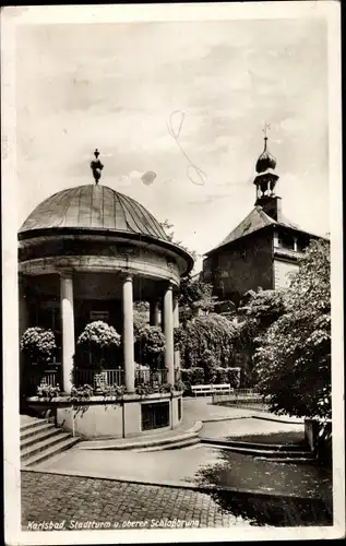 Ak Karlovy Vary Karlsbad Stadt, Stadtturm und oberer Schlossbrunn