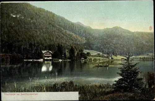 Ak Thumsee Karlstein Bad Reichenhall Oberbayern, Gaststätte am See, Wald, Boot