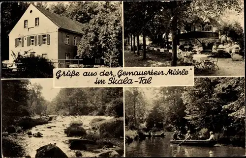 Ak Bellwitz Löbau in Sachsen, Gemauerte Mühle im Skala Tal, Bootspartie, Flussblick