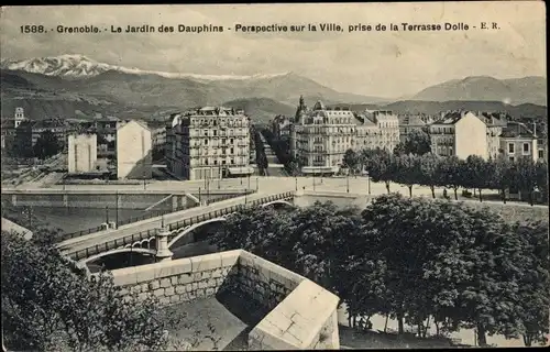 Ak Grenoble Isère, Le Jardin des Dauphine, Perspective sur la Ville, prise de la Terrasse Dolle