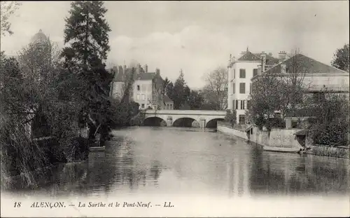 Ak Alencon Orne, La Sarthe et le Pont Neuf