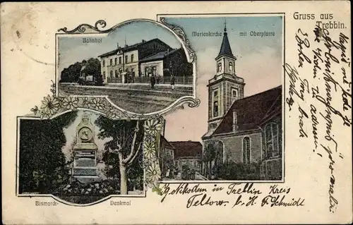 Ak Trebbin im Kreis Teltow Fläming, Bahnhof, Gleisseite, Marienkirche, Oberpfarre, Bismarck-Denkmal