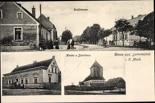 Ak Sommerfeld Kremmen in Brandenburg, Dorfstraße, Kirche, Schulhaus, Gasthof