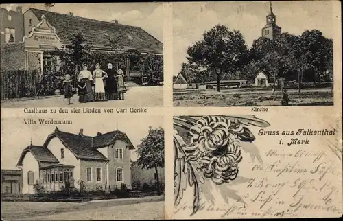 Ak Falkenthal Löwenberger Land Brandenburg, Kirche, Villa Werdermann, Gasthaus zu den vier Linden