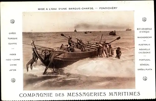 Ak Pondichery Ponducherry Indien, Mise a l'Eau d'une Barque Charge, Messageries Maritimes, MM