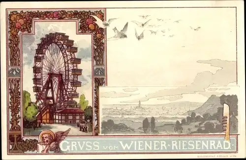 Litho Wien 2 Leopoldstadt, Wiener Riesenrad, Tauben, Engel